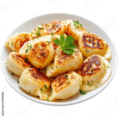 Macro Photography of Traditional Polish Potato Pierogi Dish on White Background