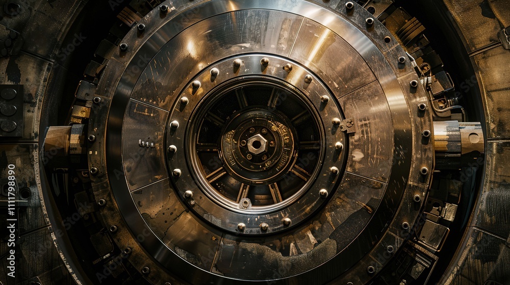 Metallic iron core with intricate magnetic field details, isolated on dark background, showcasing industrial strength and precision. Metallic iron core with intricate magnetic field details, isolated on dark background, showcasing industrial strength and precision.