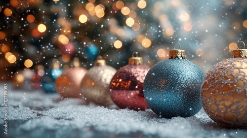 A collection of Christmas tree ornaments in various shapes and colors displayed on a snowy surface, with a blurred Christmas tree and twinkling lights in the background