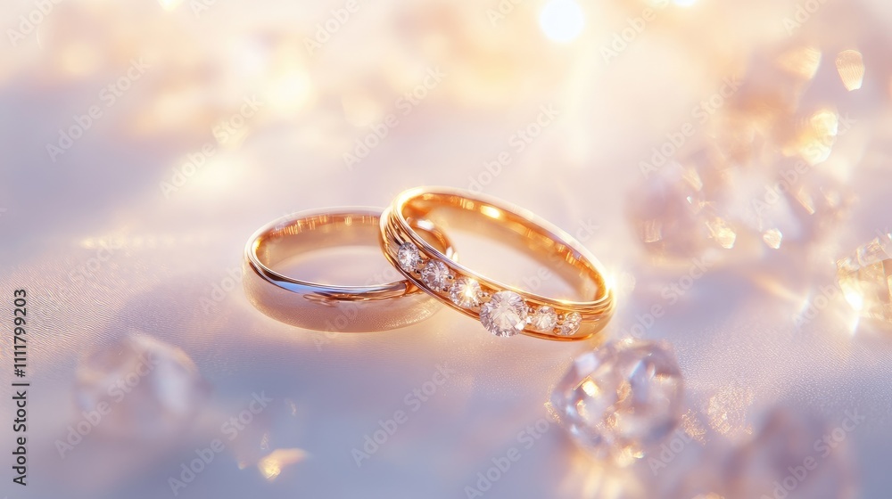 Wedding rings on a soft white background with a glowing golden light for a romantic atmosphere. Wedding rings on a soft white background with a glowing golden light for a romantic atmosphere.