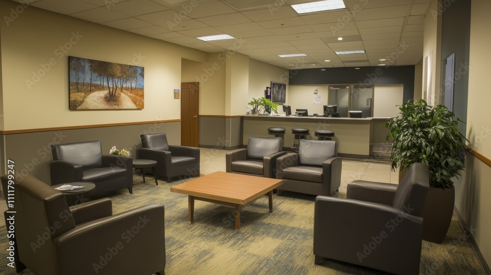 A modern waiting area with comfortable seating and a reception desk. A modern waiting area with comfortable seating and a reception desk.