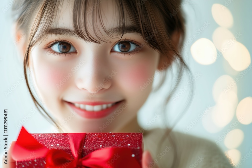 プレゼントを差し出す日本人の若い女性 プレゼントを差し出す日本人の若い女性