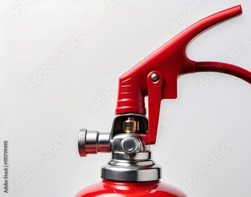 Closeup view of a fire extinguisher with a sleek red cylinder and metal nozzle on a clear white background. Generative AI photo