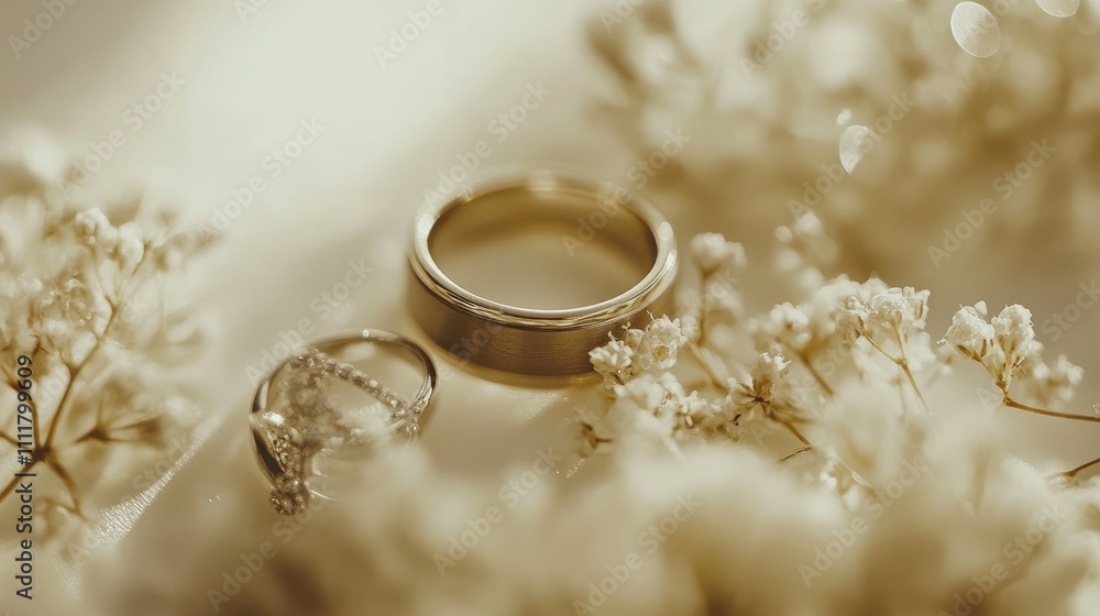 Wedding rings resting on a light cream-colored background with subtle bokeh for a romantic atmosphere. Wedding rings resting on a light cream-colored background with subtle bokeh for a romantic atmosphere.