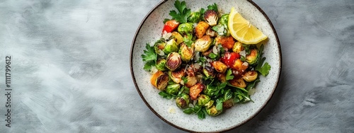 Minimalist Roasted Brussels Sprouts with Lemon, vibrant green sprouts, zesty lemon wedge, simple elegance, healthy gourmet dish