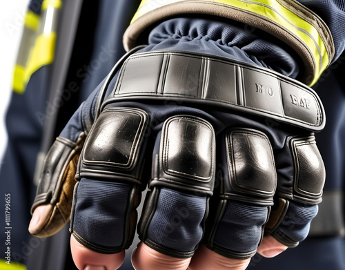 Closeup view of a firefighter's gloves with rugged material and reinforced padding on a clear white background. Generative AI photo