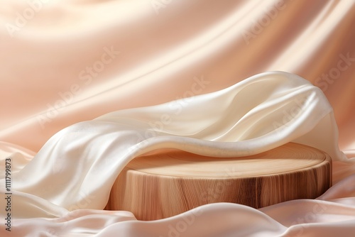 Wooden podium with a flowing silk cloth for produc details in a creative and artistic holiday-inspired scene. photo