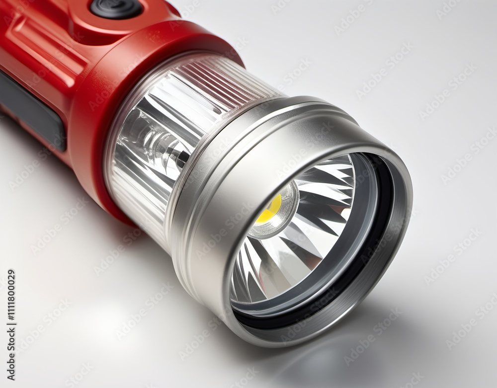 Closeup view of a firefighter's flashlight with a durable casing and adjustable beam on a clear white background. Generative AI Closeup view of a firefighter's flashlight with a durable casing and adjustable beam on a clear white background. Generative AI