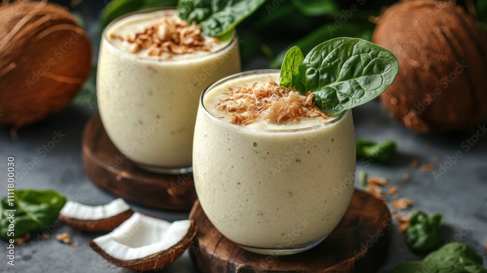 Refreshing coconut water and spinach smoothie, vibrant green blend, nourishing hydration, perfect for a healthy lifestyle Refreshing coconut water and spinach smoothie, vibrant green blend, nourishing hydration, perfect for a healthy lifestyle
