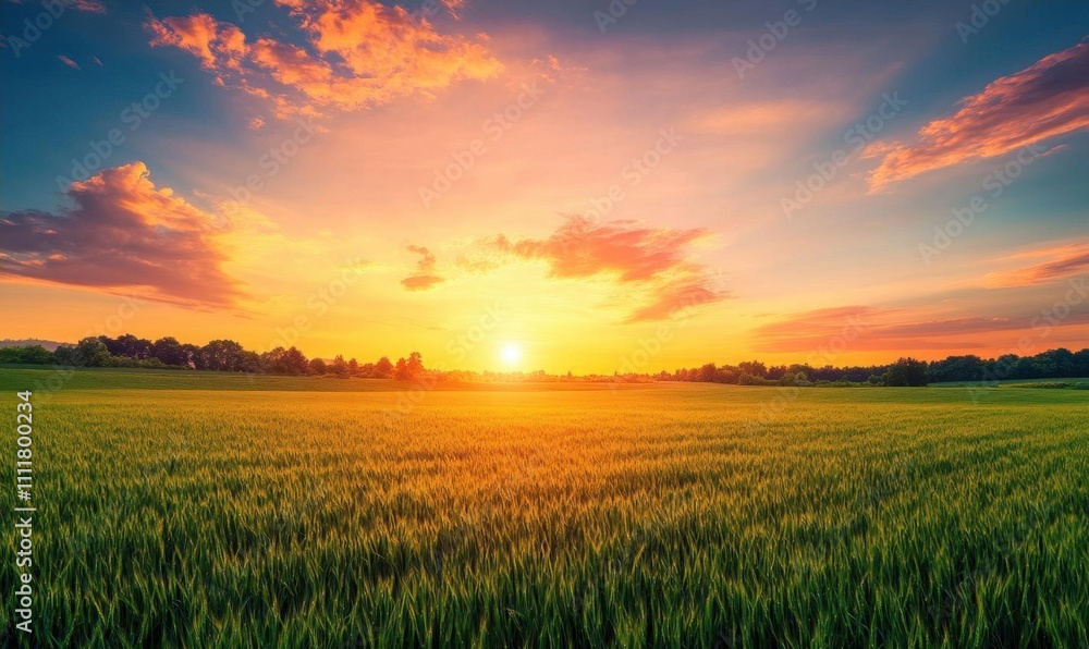 A vibrant sunset over a lush green field, evoking tranquility. A vibrant sunset over a lush green field, evoking tranquility.