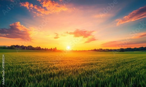 A vibrant sunset over a lush green field, evoking tranquility.