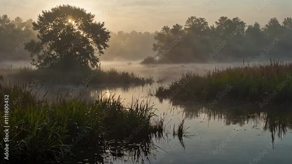 Showcasing the serene stillness of a misty marsh as the soft morning light filters through, creating a calm and tranquil atmosphere. Showcasing the serene stillness of a misty marsh as the soft morning light filters through, creating a calm and tranquil atmosphere.