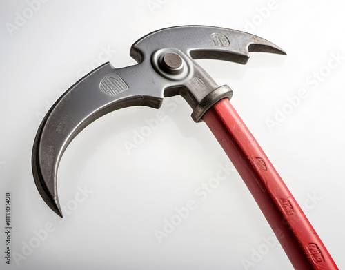 Closeup view of a firefighter's halligan tool with a steel construction and sharp prongs on a clear white background. Generative AI photo