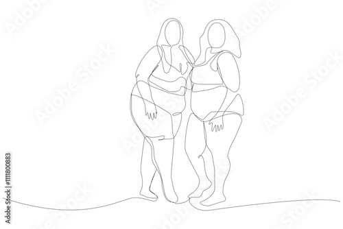 Body positive art. Two beautiful womens. curvaceous woman body continuous line drawing. Vector illustration