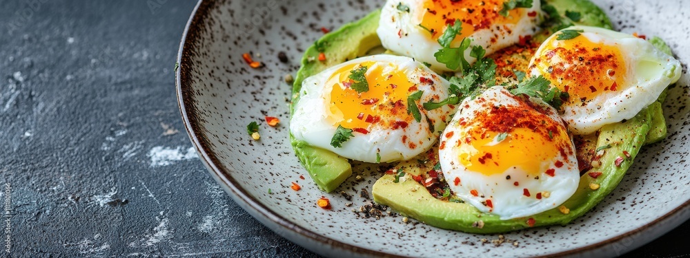 Avocado and poached eggs dish, minimalist presentation, topped with chili flakes, vibrant colors, healthy breakfast option, simple elegance Avocado and poached eggs dish, minimalist presentation, topped with chili flakes, vibrant colors, healthy breakfast option, simple elegance
