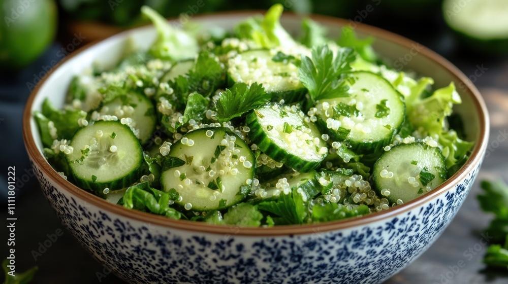 Vibrant salad bowl featuring fresh cucumbers, crisp lettuce, and nutritious quinoa, a perfect blend for a healthy meal option. Vibrant salad bowl featuring fresh cucumbers, crisp lettuce, and nutritious quinoa, a perfect blend for a healthy meal option.