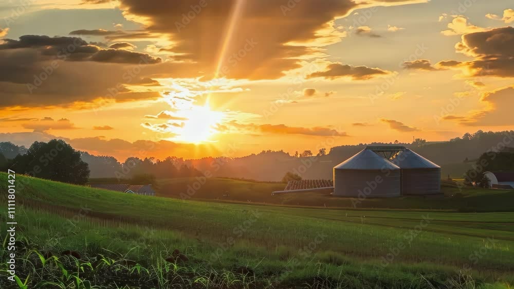 A sunset over a rural landscape featuring silos, fields, and rolling hills. A sunset over a rural landscape featuring silos, fields, and rolling hills.