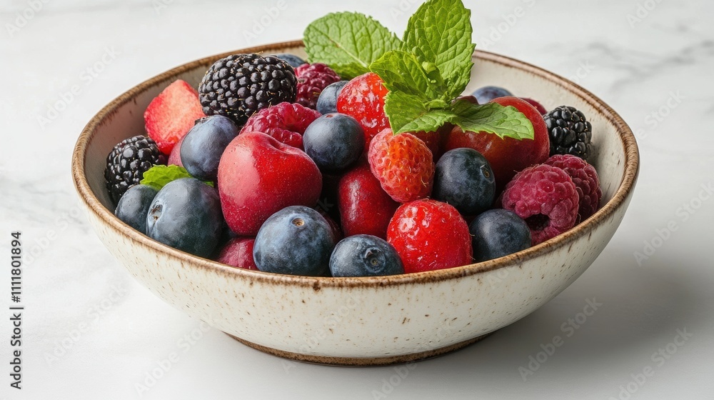 Vibrant bowl of assorted berries garnished with fresh mint, showcasing rich colors and textures in a delightful presentation Vibrant bowl of assorted berries garnished with fresh mint, showcasing rich colors and textures in a delightful presentation
