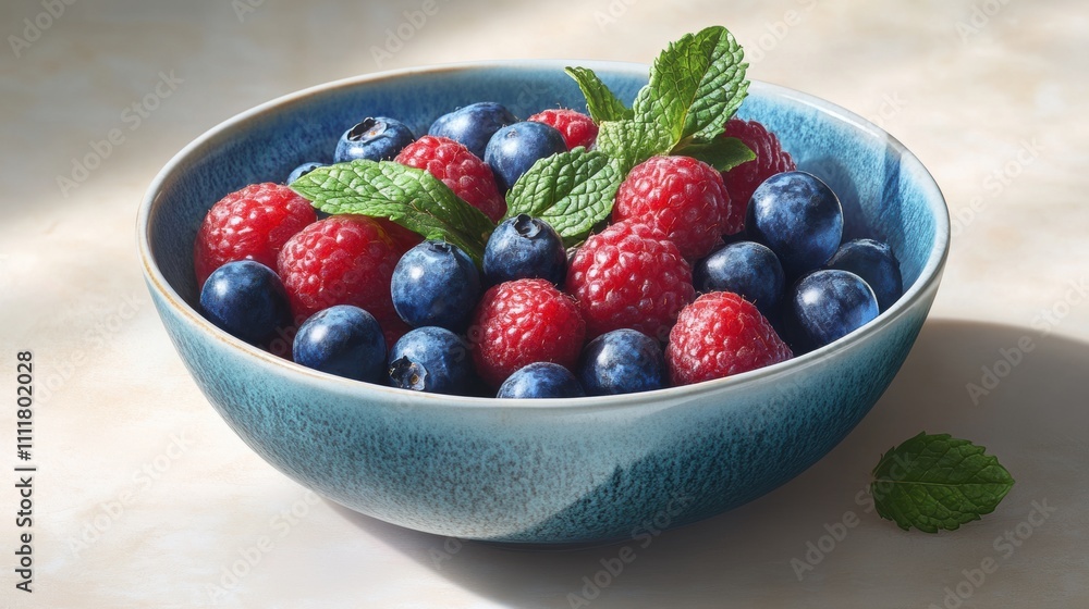 Vibrant bowl of assorted berries garnished with mint leaves, showcasing freshness and color harmony in a delightful arrangement Vibrant bowl of assorted berries garnished with mint leaves, showcasing freshness and color harmony in a delightful arrangement