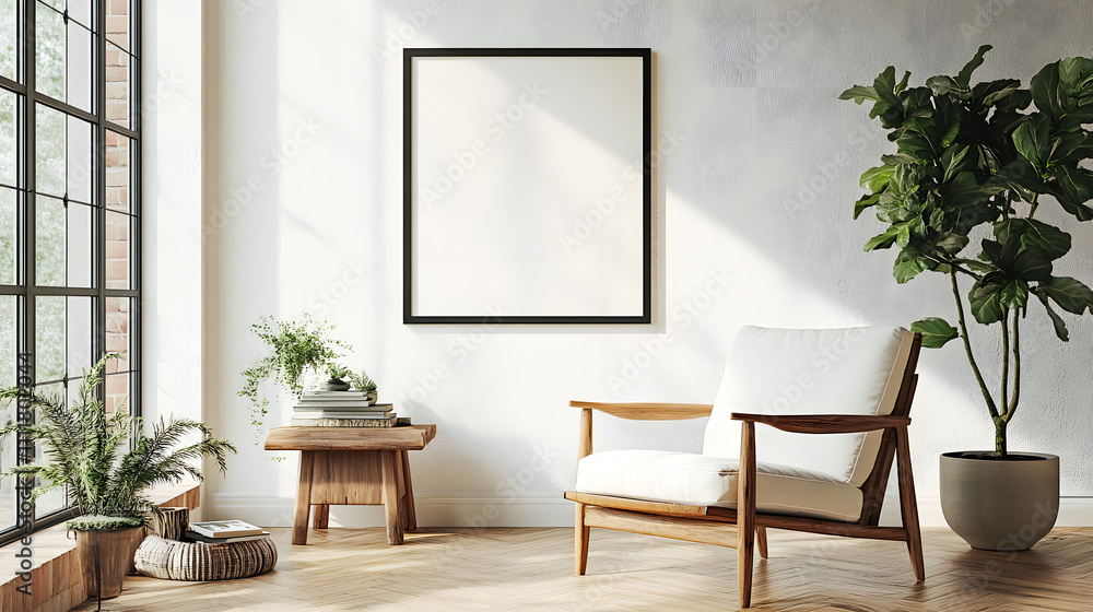 Stylish scandinavian composition of living room with design armchair, black mock up poster frame, commode, wooden stool, book, decoration, loft wall and personal accessories in modern home decor Stylish scandinavian composition of living room with design armchair, black mock up poster frame, commode, wooden stool, book, decoration, loft wall and personal accessories in modern home decor