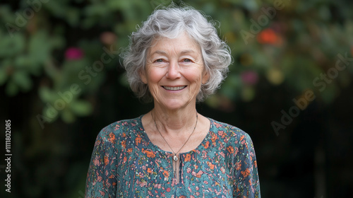 Mature Woman's Radiant Smile: A portrait of a woman with silver hair and a warm smile, framed by lush greenery, radiating confidence and wisdom. 