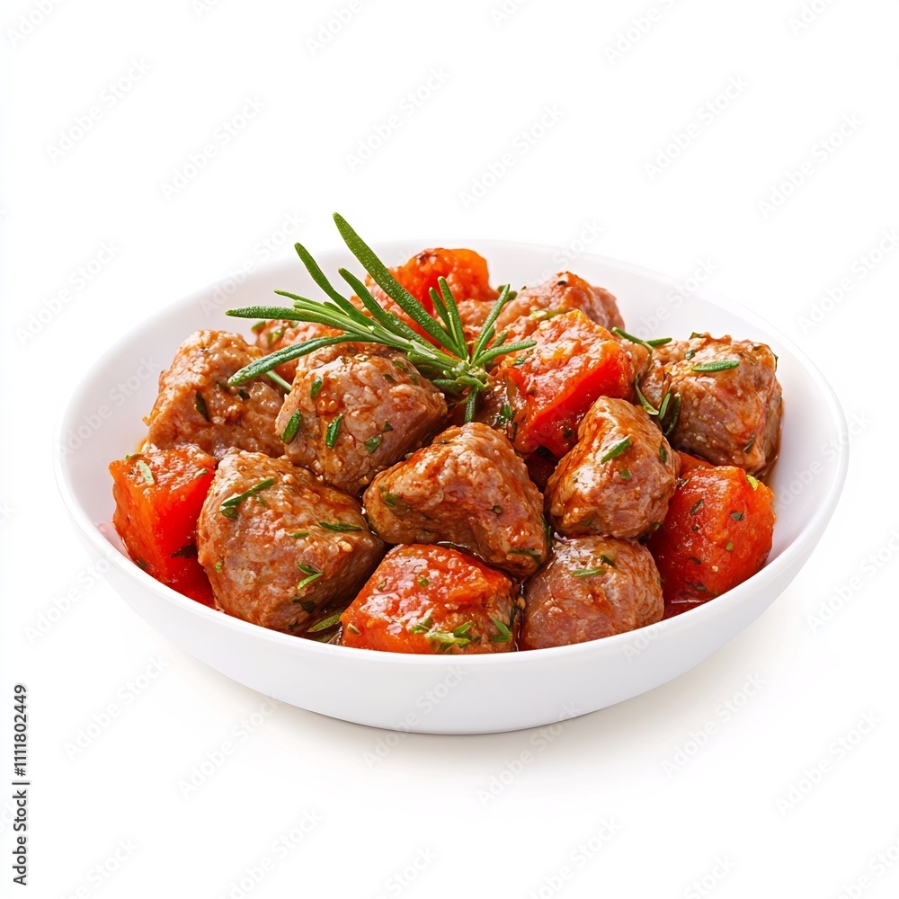 Macro Shot of Savory Italian Braciola Dish on White Background Macro Shot of Savory Italian Braciola Dish on White Background
