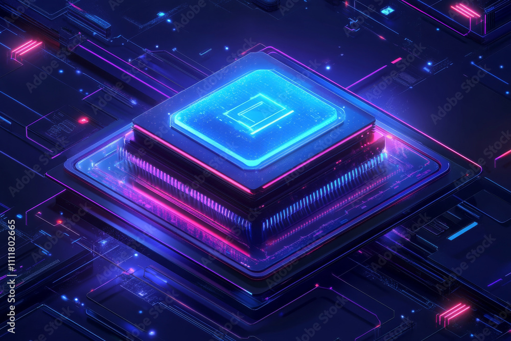 Futuristic blue AI processor with glowing circuits and neon lights Futuristic blue AI processor with glowing circuits and neon lights