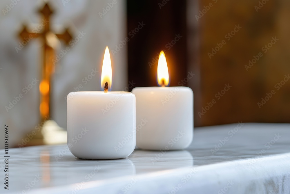 religious ceremony, church candles burn on a marble altar with a white cloth and orthodox cross in the background, creating a serene setting religious ceremony, church candles burn on a marble altar with a white cloth and orthodox cross in the background, creating a serene setting