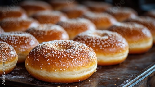 Golden-brown doughnuts arranged neatly on a baking sheet, fresh from the oven, inviting aroma wafting through the air