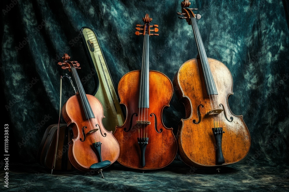 Three stringed instruments, cases, dark background. Three stringed instruments, cases, dark background.
