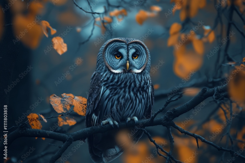 A captivating owl perched on a branch in a misty forest. It looks wise and watchful. The scene features autumn leaves and a mystic vibe. Perfect for nature themes. Generative AI A captivating owl perched on a branch in a misty forest. It looks wise and watchful. The scene features autumn leaves and a mystic vibe. Perfect for nature themes. Generative AI