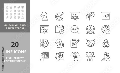 Line icons about action plan. Editable vector stroke. 64 and 256 Pixel Perfect scalable to 128px...