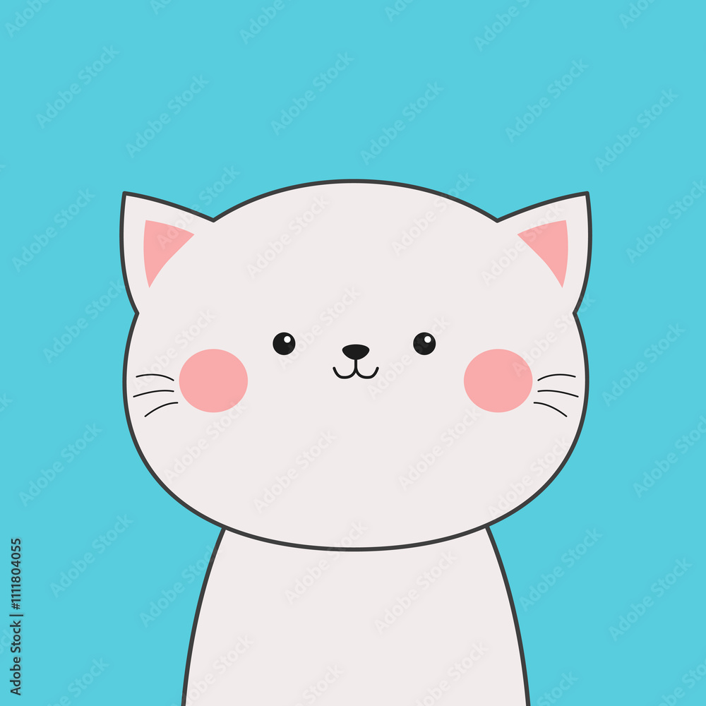 White cat head face line contour silhouette. Cute cartoon funny baby character. Pet collection. Pink ears, blush cheeks. Funny kawaii smiling doodle animal. Flat design Blue background. Vector White cat head face line contour silhouette. Cute cartoon funny baby character. Pet collection. Pink ears, blush cheeks. Funny kawaii smiling doodle animal. Flat design Blue background. Vector