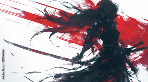 Black and red ink painting of a female ninja with long hair
