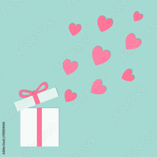 Gift box icon with flying hearts. Pink heart set. Cute cartoon decoration element. Happy Birthday Christmas Valentines Day Greeting card template. Flat design. Blue background. Isolated. Vector