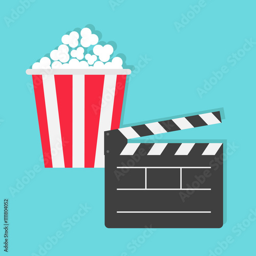 Popcorn Open clapper board icon set. Pop corn. Cinema red white lined box. Movie night banner template. Fast food. Simple Flat design. Isolated. Blue background. Vector illustration