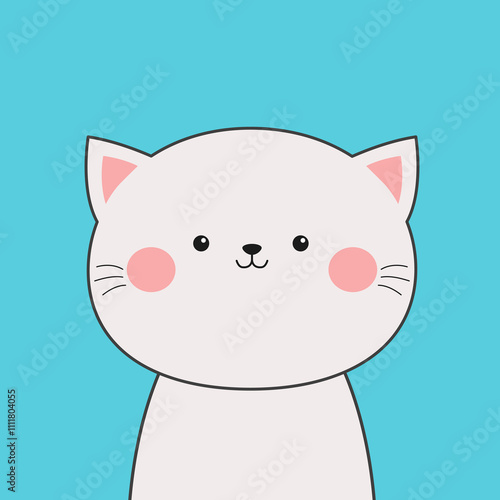 White cat head face line contour silhouette. Cute cartoon funny baby character. Pet collection. Pink ears, blush cheeks. Funny kawaii smiling doodle animal. Flat design Blue background. Vector