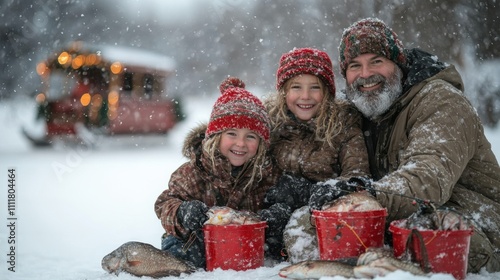 A family of father and 2 daughters ice fishing together, bundled in winter clothes, with their catch displayed in festive red buckets photo