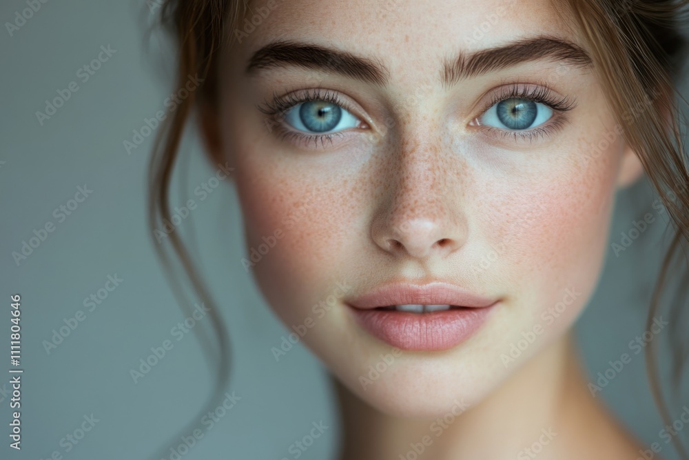 Close-up of a young woman with captivating blue eyes and natural beauty. Her fresh look is perfect for beauty and fashion. A representation of youth and elegance. Generative AI Close-up of a young woman with captivating blue eyes and natural beauty. Her fresh look is perfect for beauty and fashion. A representation of youth and elegance. Generative AI