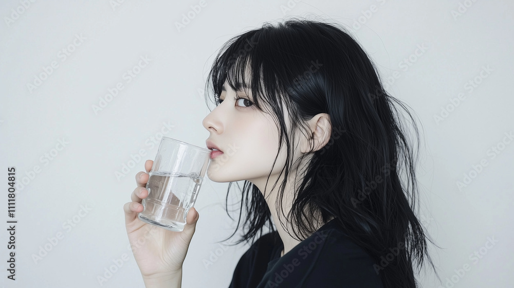Refreshed and Serene: A young woman with long black hair and bangs takes a refreshing drink of water, her profile showcasing a calm and peaceful demeanor. Refreshed and Serene: A young woman with long black hair and bangs takes a refreshing drink of water, her profile showcasing a calm and peaceful demeanor.