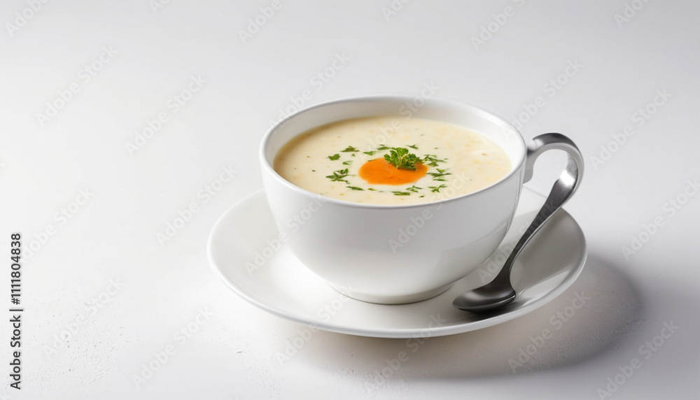 Cream soup in white cup on white table background text ideas start right here now Cream soup in white cup on white table background text ideas start right here now