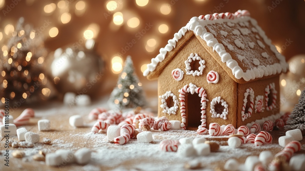 A festive gingerbread house with intricate icing details, surrounded by candy canes, marshmallows, and powdered sugar snow, set against a warm holiday background A festive gingerbread house with intricate icing details, surrounded by candy canes, marshmallows, and powdered sugar snow, set against a warm holiday background