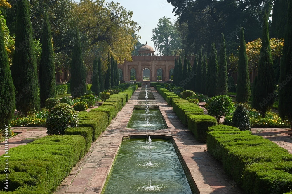 Formal garden, long pools, trimmed hedges, central structure. Formal garden, long pools, trimmed hedges, central structure.