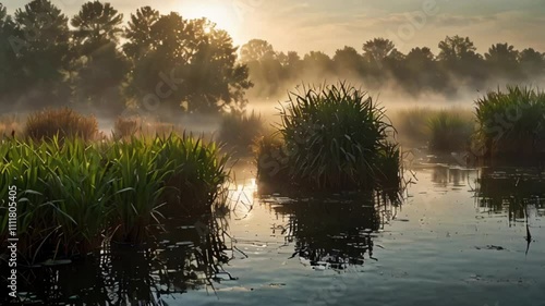 Nature Animation. Sunlight gently shining through misty reeds, creating a calm and tranquil atmosphere in the morning light. Realistic motion. photo