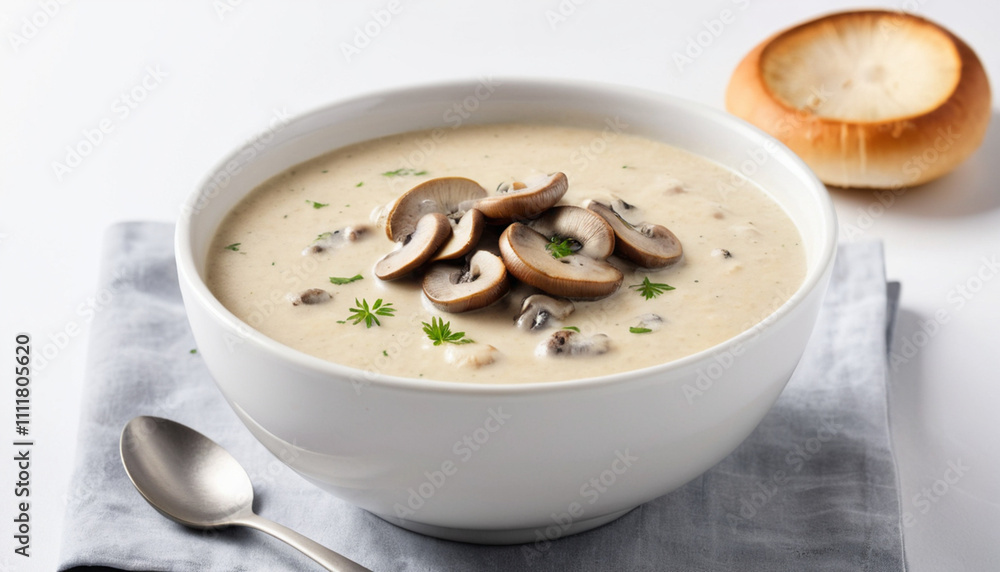 Creamy mushroom soup on background paired with fresh bread Creamy mushroom soup on background paired with fresh bread