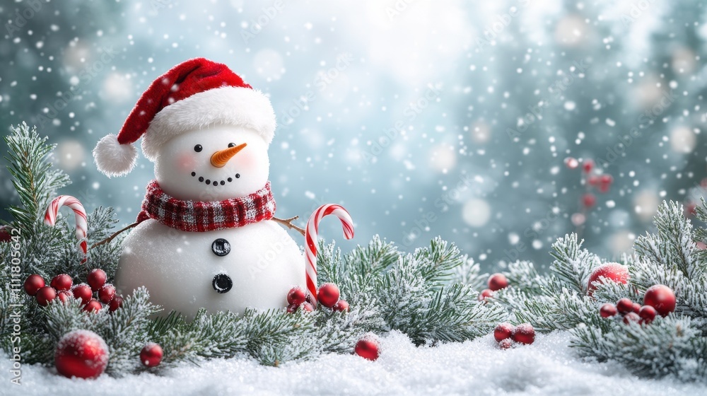 A festive snowman surrounded by snowy evergreens, wearing a Santa hat and holding a candy cane, with a subtle snowfall background and a clean white area on the side for text A festive snowman surrounded by snowy evergreens, wearing a Santa hat and holding a candy cane, with a subtle snowfall background and a clean white area on the side for text