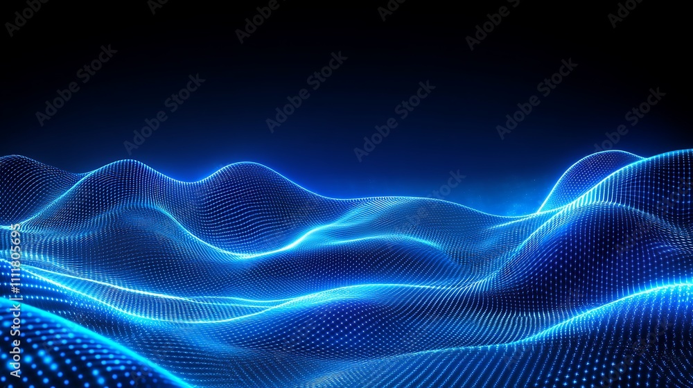 Abstract Blue Digital Waves Representation with Glowing Points and Dark Background Abstract Blue Digital Waves Representation with Glowing Points and Dark Background