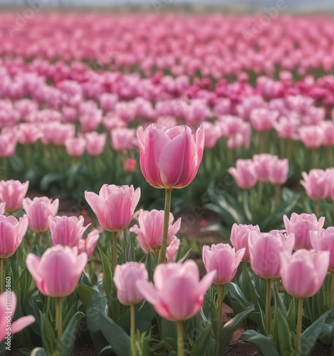 A solitary tulip blooms amidst a sea of soft pink hues in a vast, open field, bloom, nature, yellow and red tulip