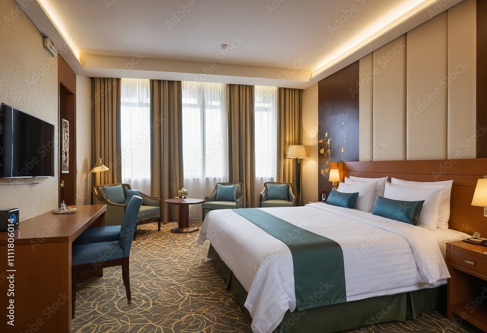 Fototapeta premium Modern loft style bedroom with a trendy bed and hanging chair Interior of a double bed hotel bedroom in the morning Elegant and comfortable home & hotel bedroom interior.