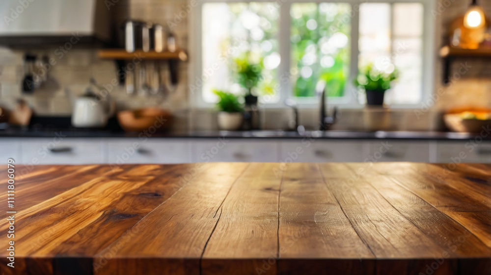 Wooden table top with kitchen table background (room) Wooden table top with kitchen table background (room)